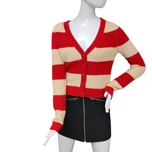 American Eagle Rugby Button Down Sweater Red and Beige Striped V Neck - Picture 2 of 9